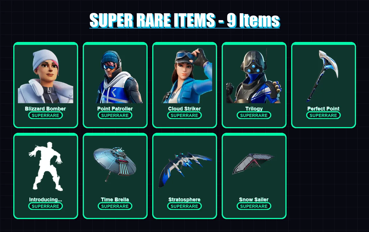 [PS4/PS5/XBOX/PC] | Blizzard Bomber | Point Patroller | Cloud Striker | Trilogy | Enforcer | 44 skin | 94 pickaxe | 75 emote | 76 glider | Lv1167