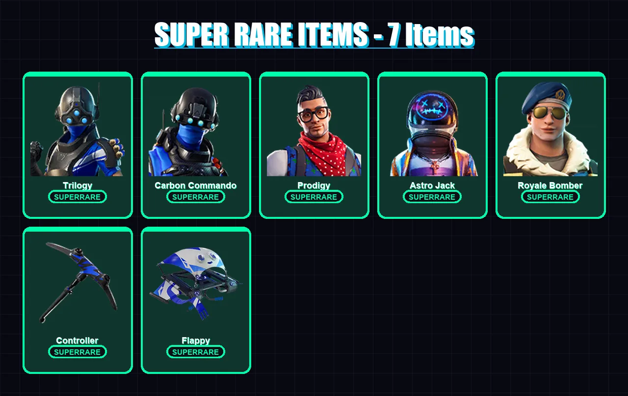 [PC/XBOX/PSN] | Trilogy | Carbon Commando | Prodigy | Astro Jack | Royale Bomber | 36 skin | 46 pickaxe | 38 emote | 44 glider | Lv665
