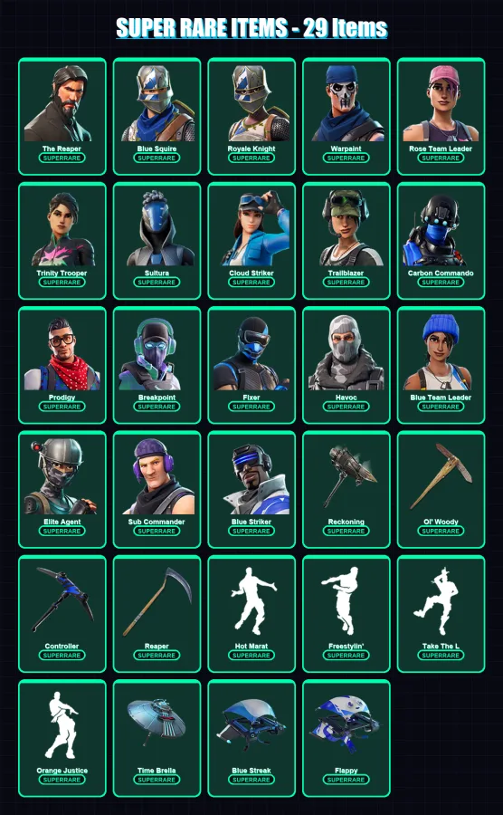 [PC] | The Reaper | Blue Squire | Royale Knight | Warpaint | Rose Team Leader | 249 skin | 236 pickaxe | 136 emote | 145 glider | Lv1898