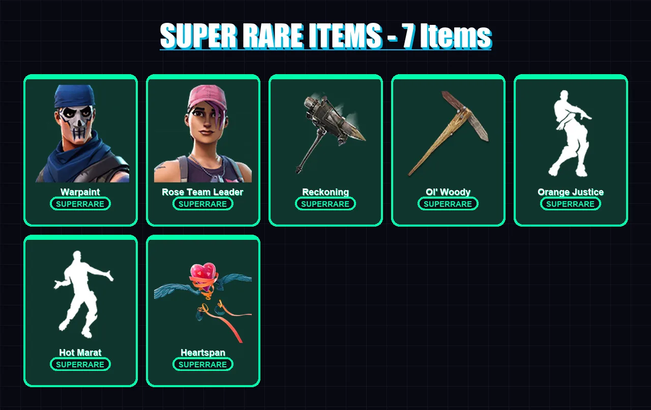 [PC/XBOX/PSN] | Warpaint | Rose Team Leader | The Ice King | Calamity | Blackheart | 46 skin | 30 pickaxe | 63 emote | 38 glider | Lv373