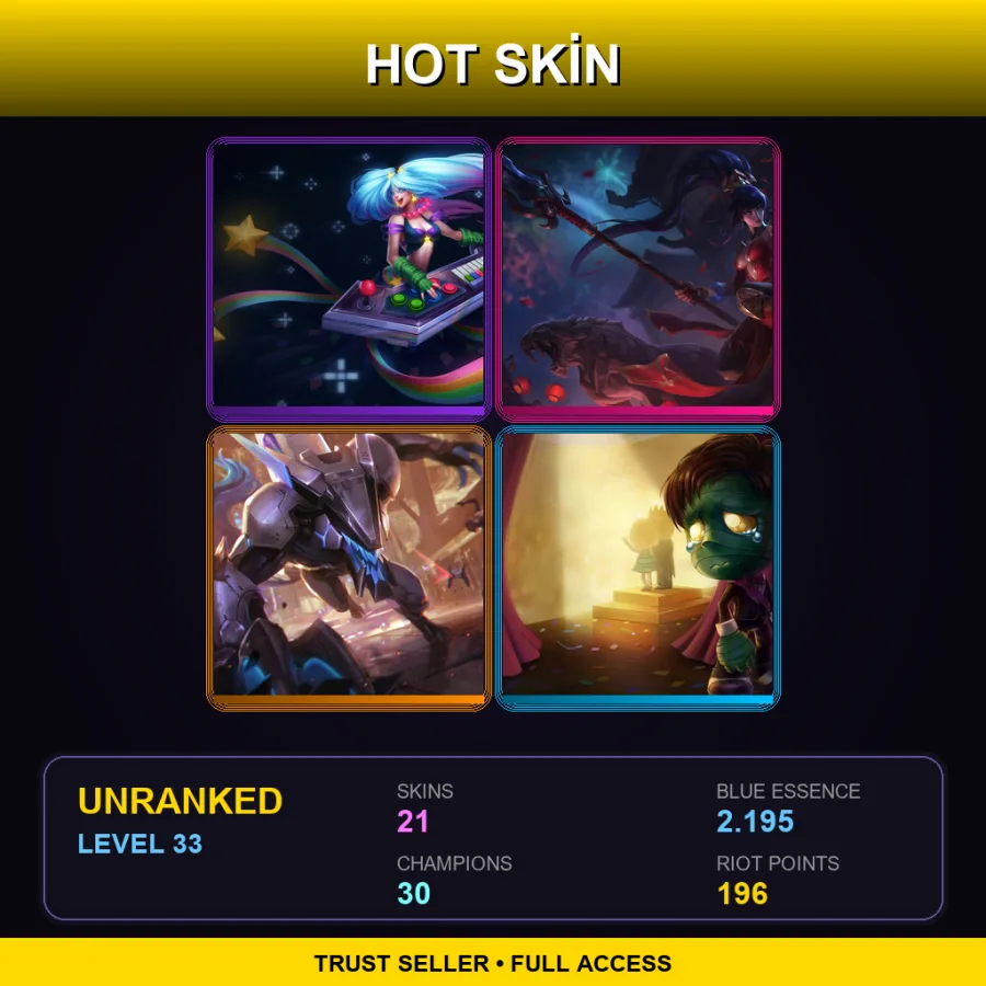 BR | Arcade Sona | Warring Kingdoms Nidalee | PROJECT: Warwick | Almost-Prom King Amumu | 21 Skin | 30 Champ | Lv33