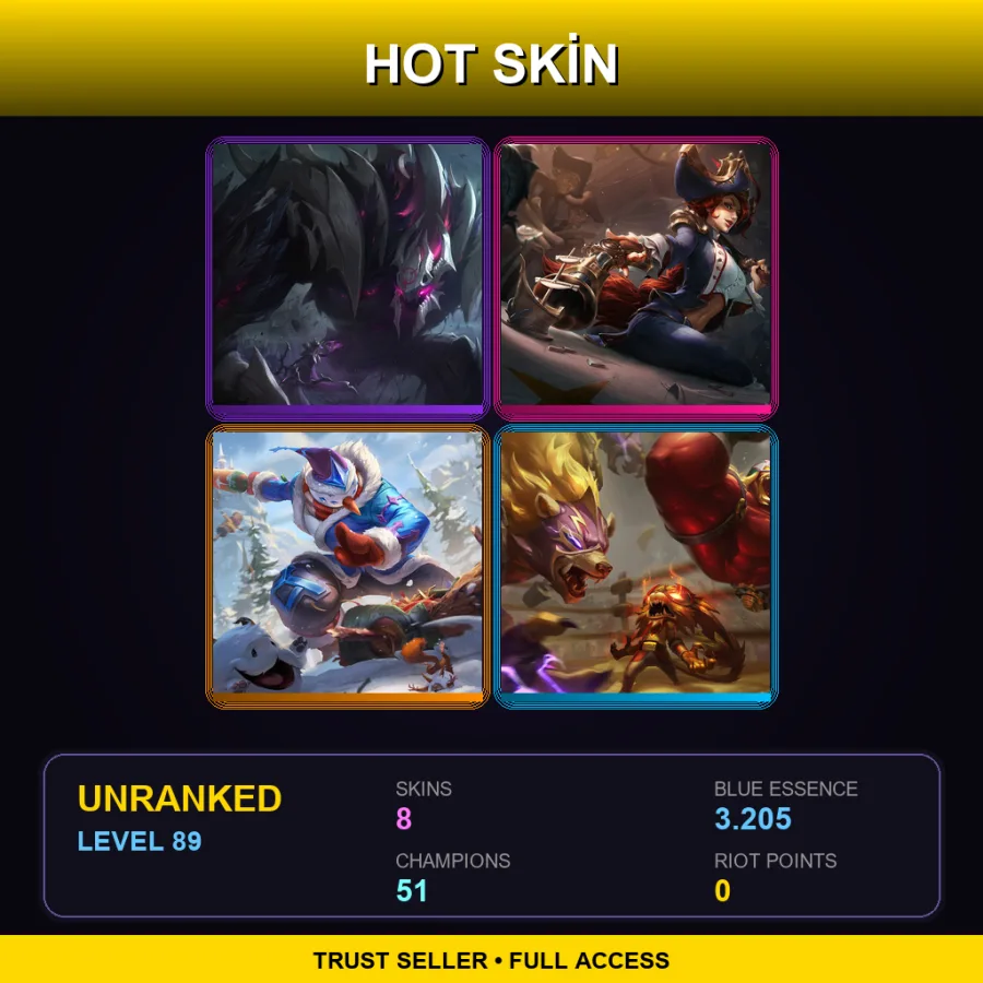 LAS | Lv89 | Unranked | 8 Skin | 51 Champ — LoL account