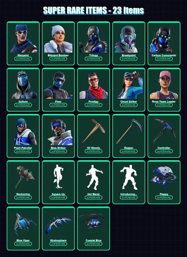 [PS4/PS5/XBOX/PC] | Warpaint | Blizzard Bomber | Trilogy | Breakpoint | Carbon Commando | 159 skin | 117 pickaxe | 140 emote | 99 glider | Lv1311
