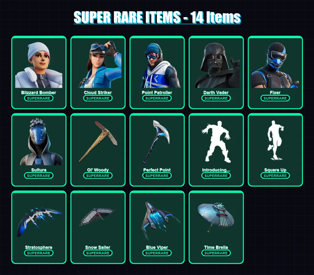 [PS4/PS5/PC] | Blizzard Bomber | Cloud Striker | Point Patroller | Darth Vader | Fixer | 86 skin | 159 pickaxe | 105 emote | 128 glider | Lv2557
