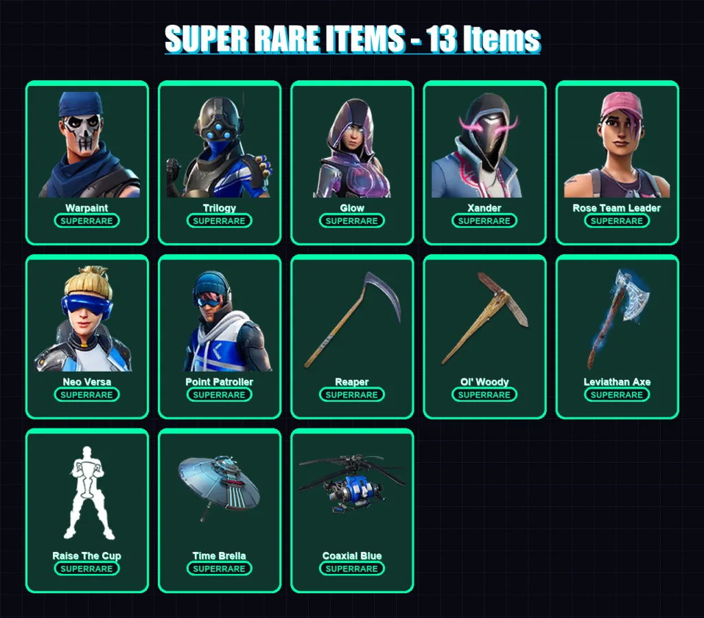 [PS4/PS5/XBOX/PC] | Warpaint | Trilogy | Glow | Xander | Rose Team Leader | 218 skin | 209 pickaxe | 265 emote | 171 glider | Lv3425