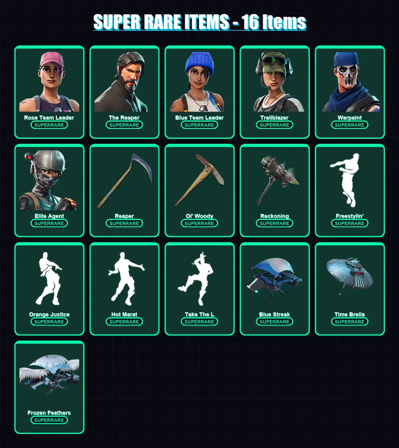 [PC/XBOX] | Rose Team Leader | The Reaper | Blue Team Leader | Trailblazer | Warpaint | 98 skin | 98 pickaxe | 96 emote | 94 glider | Lv1185