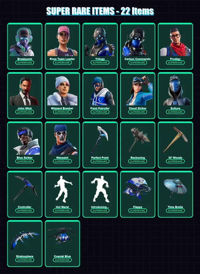 [PS4/PS5/XBOX/PC] | Breakpoint | Rose Team Leader | Trilogy | Carbon Commando | Prodigy | 126 skin | 126 pickaxe | 155 emote | 128 glider | Lv1494