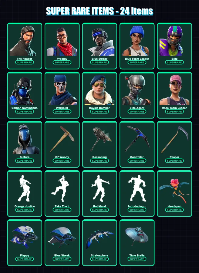 [PS4/PS5/XBOX/PC] | The Reaper | Prodigy | Blue Striker | Blue Team Leader | Blitz | 92 skin | 119 pickaxe | 115 emote | 121 glider | Lv1957