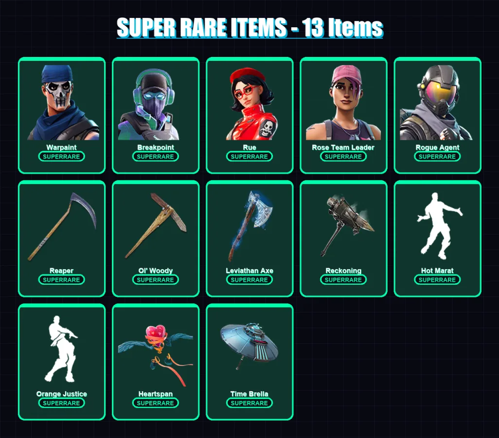 [PC] | Warpaint | Breakpoint | Rue | Rose Team Leader | Rogue Agent | 186 skin | 197 pickaxe | 177 emote | 161 glider | Lv2501