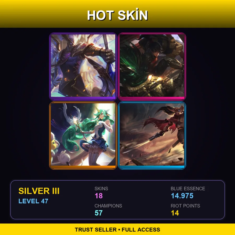 SG | Victorious Aatrox | Warring Kingdoms Vi | Star Guardian Soraka | High Noon Yasuo | 18 Skin | 57 Champ | Silver III | Lv47