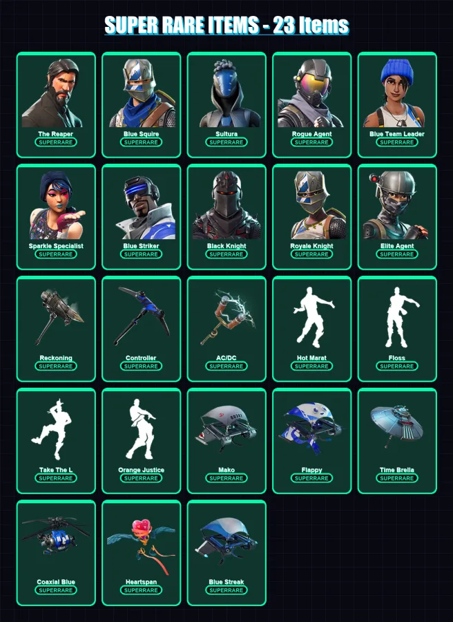 [PS4/PS5/XBOX/PC] | The Reaper | Blue Squire | Sultura | Rogue Agent | Blue Team Leader | 110 skin | 109 pickaxe | 113 emote | 109 glider | Lv1842