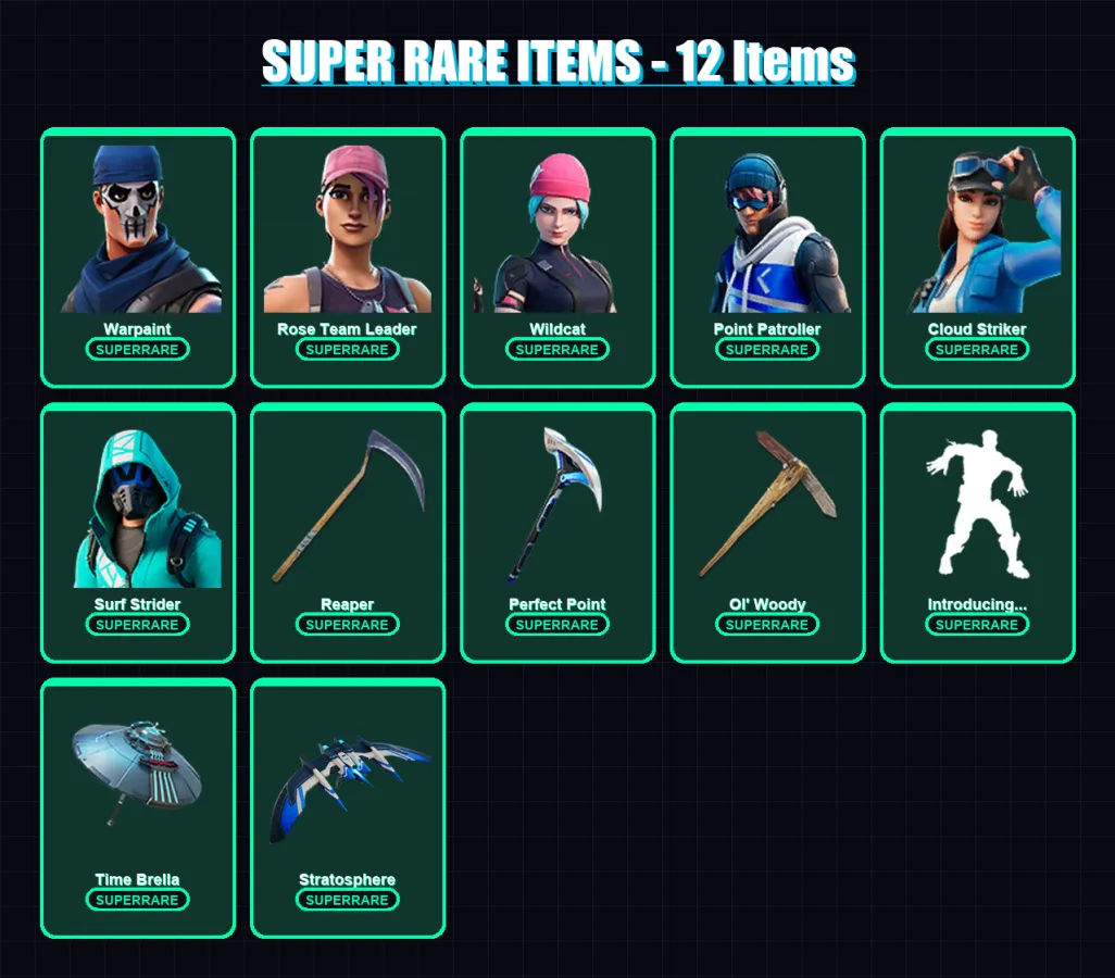 [PC/XBOX/PSN] | Warpaint | Rose Team Leader | Wildcat | Point Patroller | Cloud Striker | 200 skin | 210 pickaxe | 108 emote | 172 glider | Lv2292