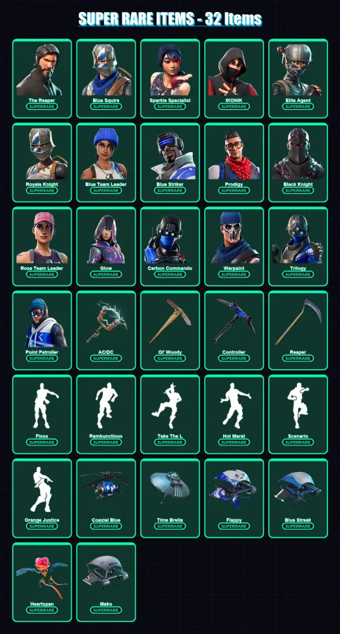 [PS4/PS5/XBOX/PC] | The Reaper | Blue Squire | Sparkle Specialist | IKONIK | Elite Agent | 163 skin | 139 pickaxe | 143 emote | 134 glider | Lv1866