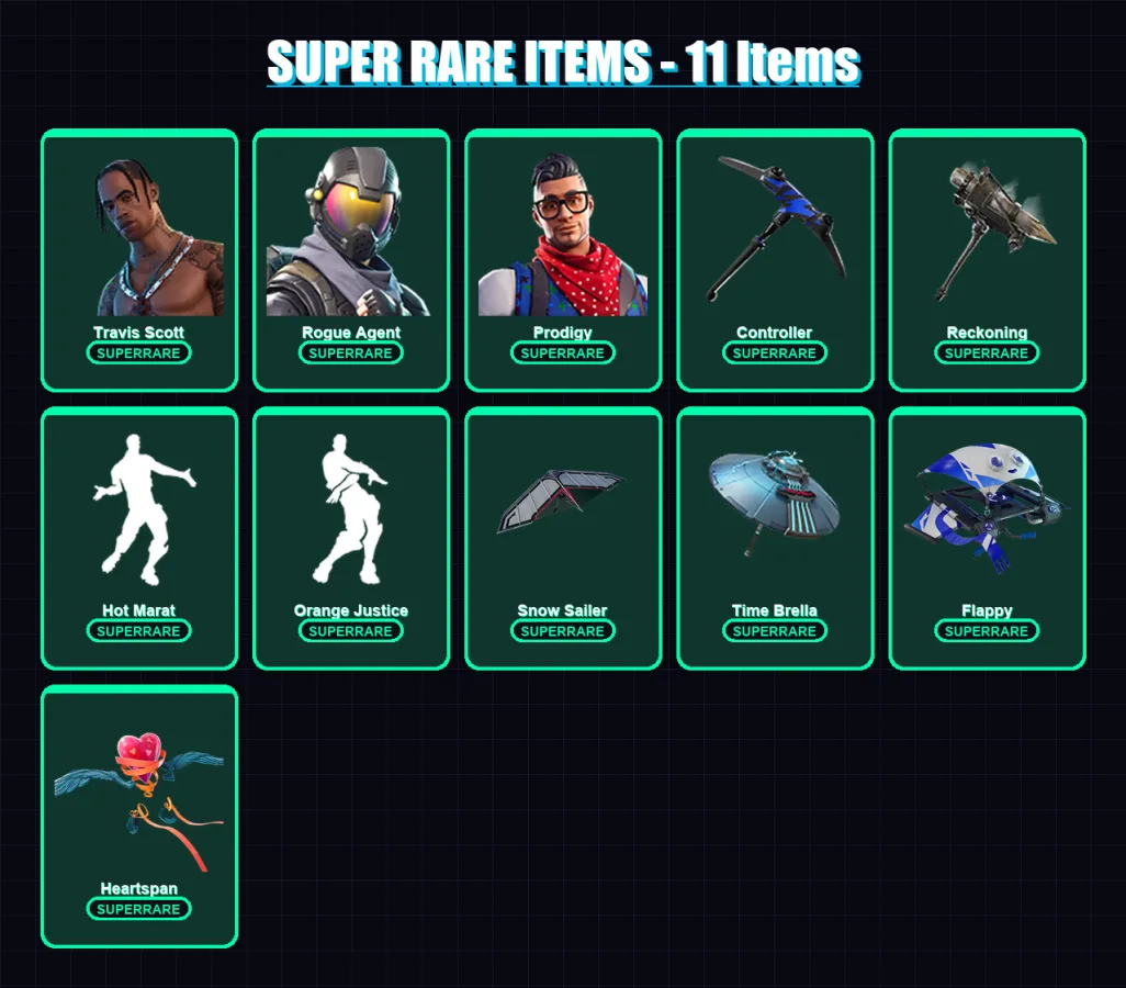 [PS4/PS5/XBOX/PC] | Travis Scott | Rogue Agent | Prodigy | Dire | The Ageless | 118 skin | 90 pickaxe | 108 emote | 102 glider | Lv1656
