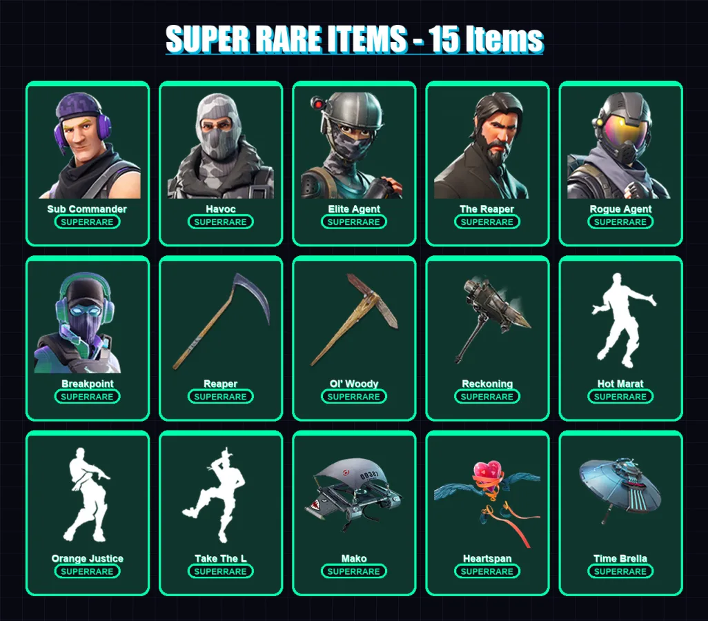 [PS4/PS5/PC] | Sub Commander | Havoc | Elite Agent | The Reaper | Rogue Agent | 89 skin | 84 pickaxe | 98 emote | 82 glider | Lv1400