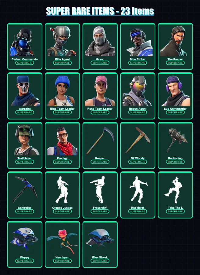 [PC/XBOX] | Carbon Commando | Elite Agent | Havoc | Blue Striker | The Reaper | 133 skin | 126 pickaxe | 93 emote | 99 glider | Lv1414
