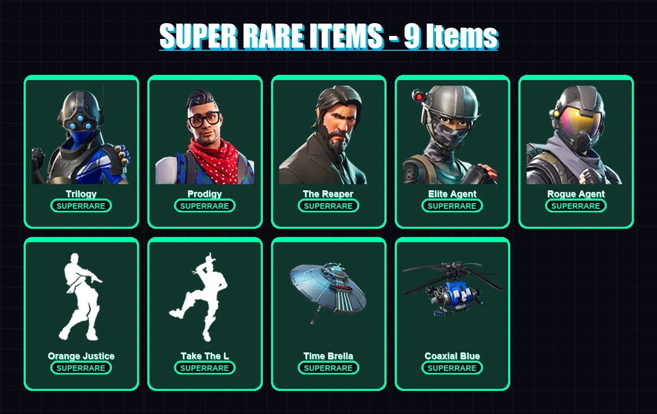[PC] | Trilogy | Prodigy | The Reaper | Elite Agent | Rogue Agent | 32 skin | 17 pickaxe | 31 emote | 23 glider | Lv288