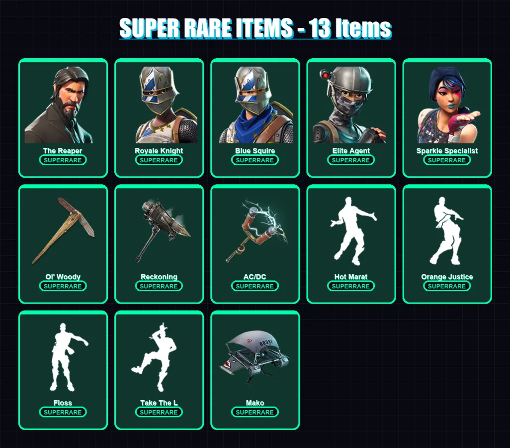 [PC/XBOX/PSN] | The Reaper | Royale Knight | Blue Squire | Elite Agent | Sparkle Specialist | 36 skin | 21 pickaxe | 44 emote | 31 glider | Lv505