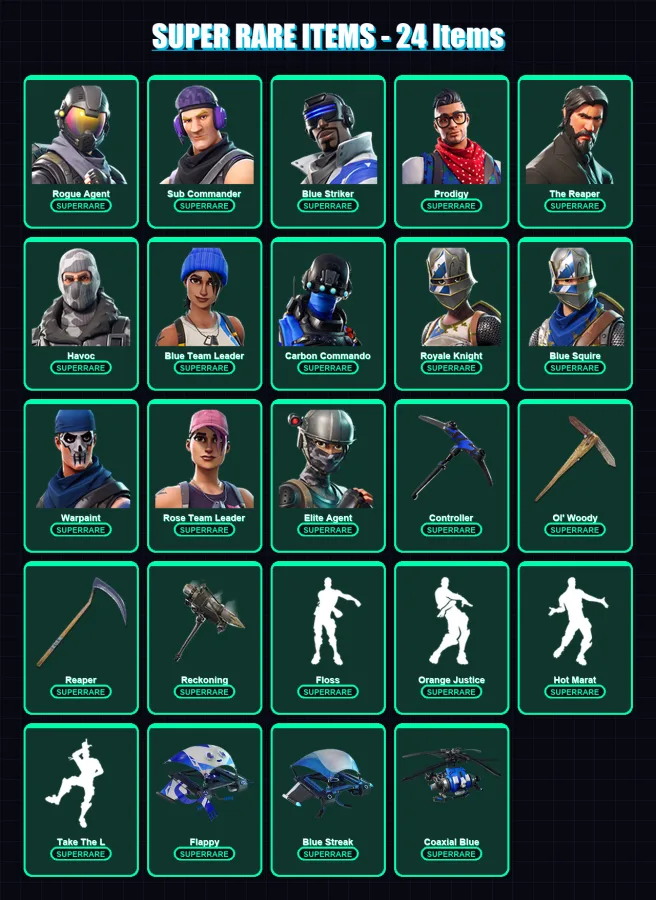 [PS4/PS5/XBOX/PC] | Rogue Agent | Sub Commander | Blue Striker | Prodigy | The Reaper | 63 skin | 44 pickaxe | 58 emote | 53 glider | Lv590