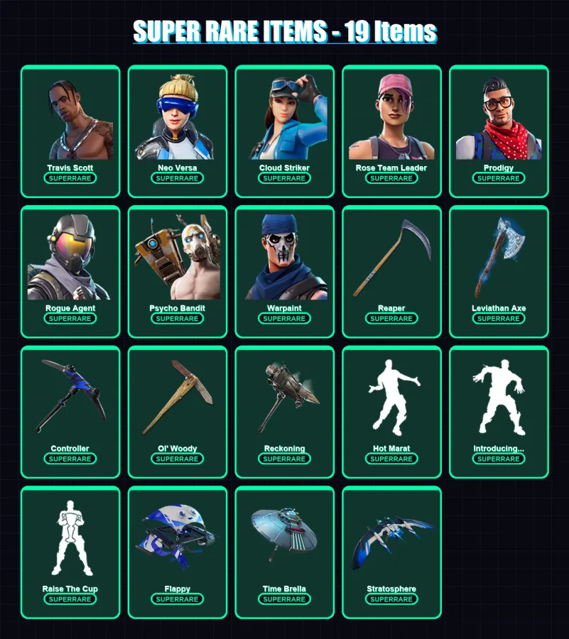 [PC/XBOX] | Travis Scott | Neo Versa | Cloud Striker | Rose Team Leader | Prodigy | 238 skin | 222 pickaxe | 152 emote | 180 glider | Lv3222 — Fortnite account