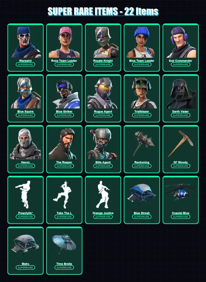 [PC] | Warpaint | Rose Team Leader | Royale Knight | Blue Team Leader | Sub Commander | 100 skin | 125 pickaxe | 110 emote | 120 glider | Lv2101
