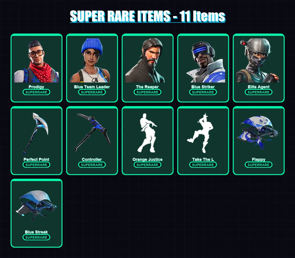 [PS4/PS5/XBOX/PC] | Prodigy | Blue Team Leader | The Reaper | Blue Striker | Elite Agent | 24 skin | 25 pickaxe | 25 emote | 27 glider | Lv354