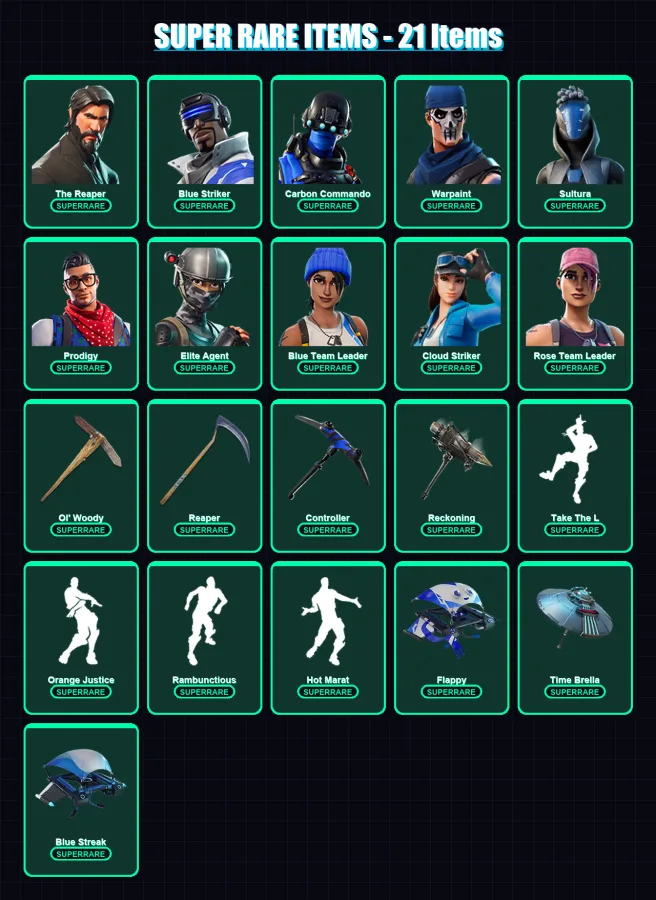 [PS4/PS5/XBOX/PC] | The Reaper | Blue Striker | Carbon Commando | Warpaint | Sultura | 120 skin | 103 pickaxe | 135 emote | 113 glider | Lv1231