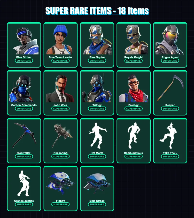 [PS4/PS5/PC] | Blue Striker | Blue Team Leader | Blue Squire | Royale Knight | Rogue Agent | 129 skin | 136 pickaxe | 107 emote | 107 glider | Lv168
