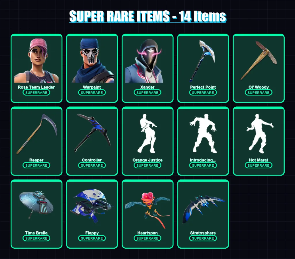 [PC] | Rose Team Leader | Warpaint | Xander | Peter Griffin | Omegarok | 157 skin | 196 pickaxe | 148 emote | 162 glider | Lv2317