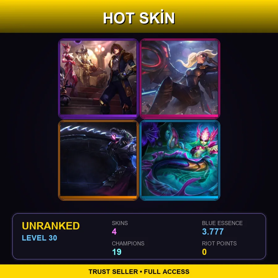 NA | Jack of Hearts Twisted Fate | Riot Kayle | Headhunter Master Yi | River Spirit Nami | 4 Skin | 19 Champ | Lv30 — LoL account