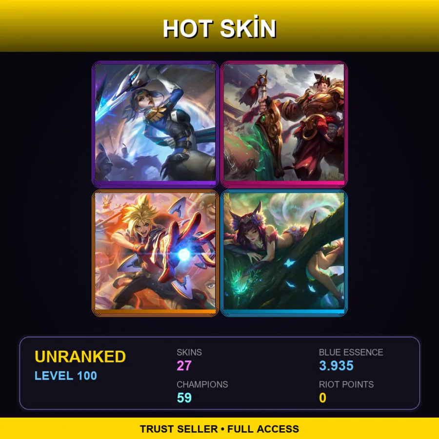 ME | Lv100 | Unranked | 27 Skin | 59 Champ — LoL account