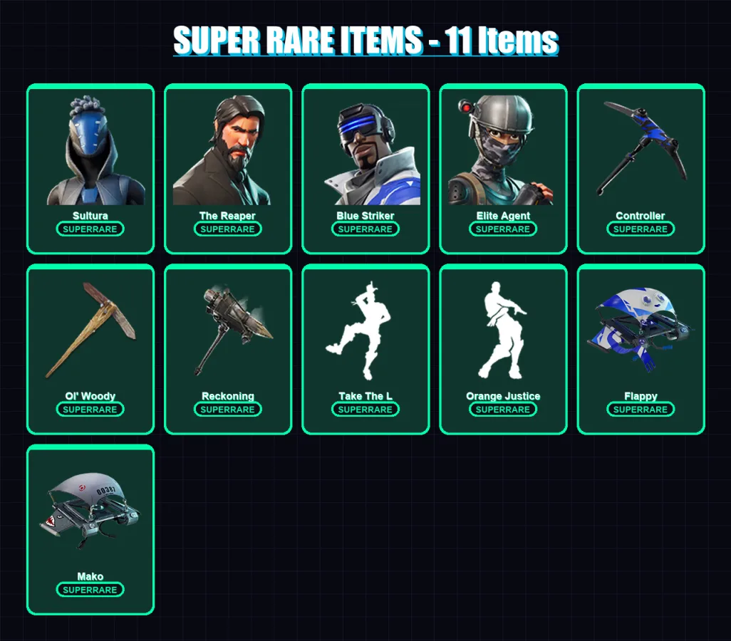 [PC] | Sultura | The Reaper | Blue Striker | Elite Agent | Drift | 41 skin | 74 pickaxe | 48 emote | 55 glider | Lv1064