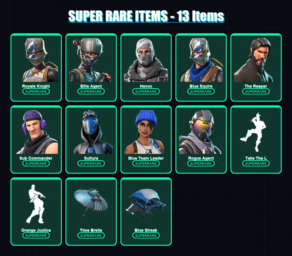 [PS4/PS5/XBOX/PC] | Royale Knight | Elite Agent | Havoc | Blue Squire | The Reaper | 46 skin | 34 pickaxe | 42 emote | 36 glider | Lv654