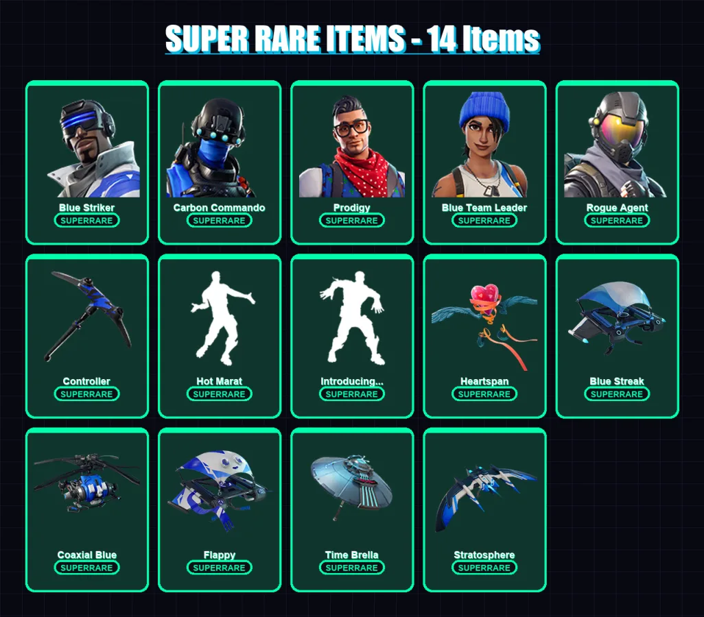 [PC/XBOX/PSN] | Blue Striker | Carbon Commando | Prodigy | Blue Team Leader | Rogue Agent | 96 skin | 106 pickaxe | 96 emote | 111 glider | Lv1291