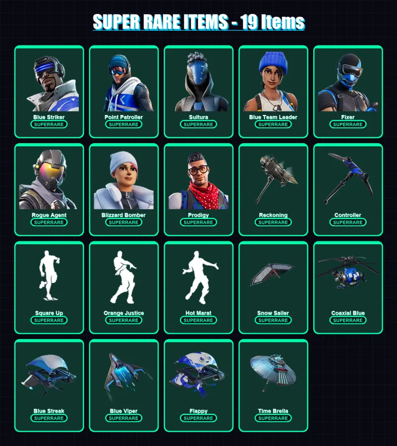 [PS4/PS5/XBOX/PC] | Blue Striker | Point Patroller | Sultura | Blue Team Leader | Fixer | 83 skin | 110 pickaxe | 108 emote | 119 glider | Lv1678