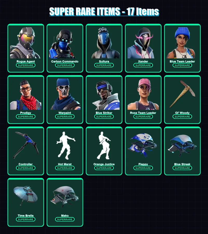 [PC] | Rogue Agent | Carbon Commando | Sultura | Xander | Blue Team Leader | 71 skin | 84 pickaxe | 78 emote | 89 glider | Lv1245