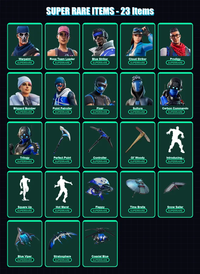 [PC/XBOX/PSN] | Warpaint | Rose Team Leader | Blue Striker | Cloud Striker | Prodigy | 73 skin | 96 pickaxe | 75 emote | 95 glider | Lv1251