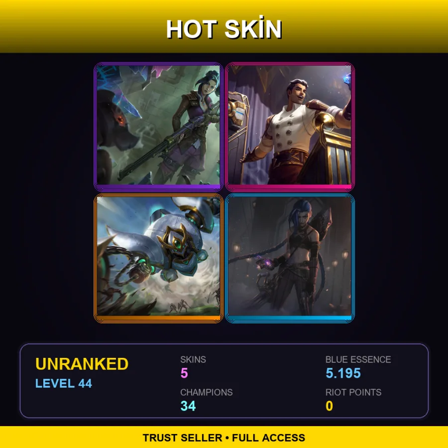 EUNE | Arcane Enforcer Caitlyn | Arcane Inventor Jayce | Lancer Paragon Blitzcrank | Arcane Enemy Jinx | 5 Skin | 34 Champ | Lv44