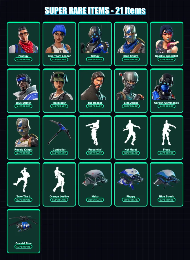 [PS4/PS5/XBOX/PC] | Prodigy | Blue Team Leader | Trilogy | Blue Squire | Sparkle Specialist | 47 skin | 42 pickaxe | 62 emote | 58 glider | Lv784
