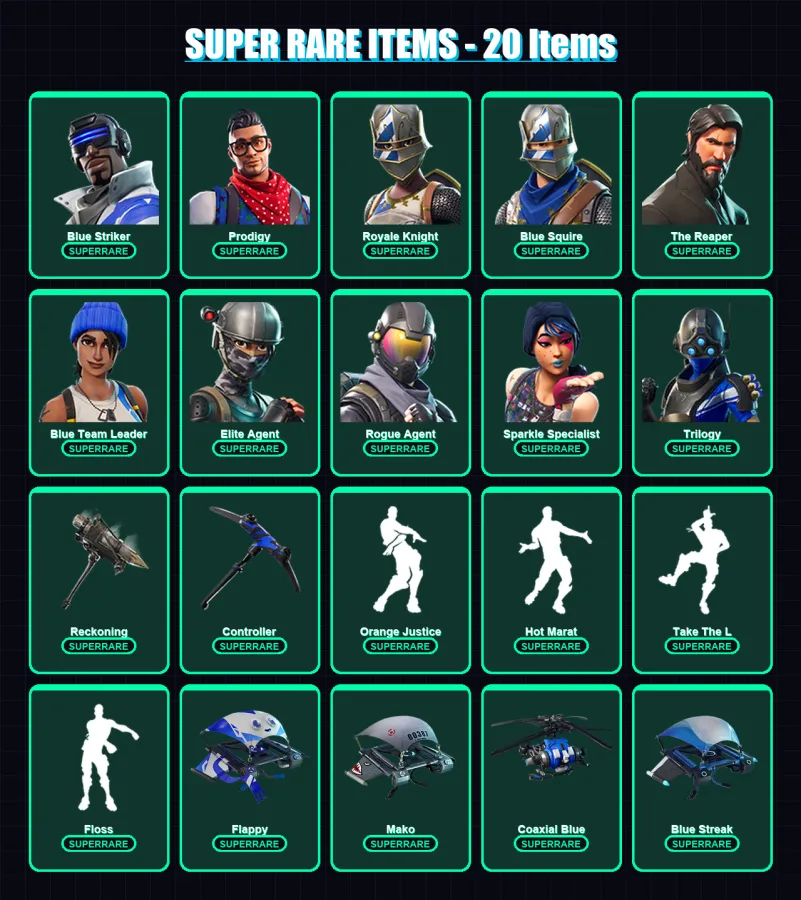 [PS4/PS5/XBOX/PC] | Blue Striker | Prodigy | Royale Knight | Blue Squire | The Reaper | 110 skin | 96 pickaxe | 108 emote | 117 glider | Lv1838