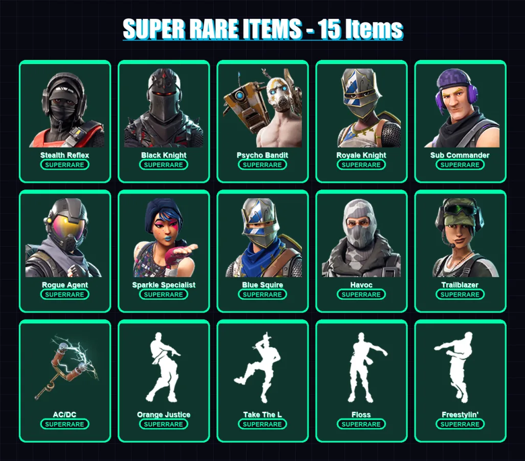 [PC/XBOX/PSN] | Stealth Reflex | Black Knight | Psycho Bandit | Royale Knight | Sub Commander | 28 skin | 35 pickaxe | 30 emote | 30 glider | Lv310