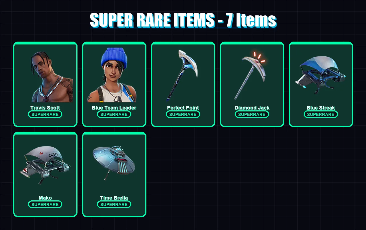 [PC/XBOX] | Travis Scott | Blue Team Leader | Zeus | The Foundation | Son Goku | 112 skin | 128 pickaxe | 91 emote | 85 glider | Lv1182