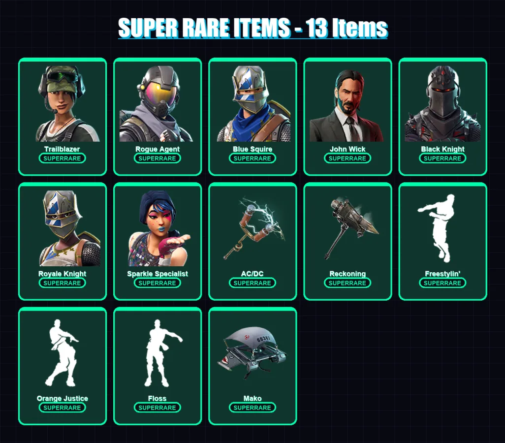 [PS4/PS5/XBOX/PC] | Trailblazer | Rogue Agent | Blue Squire | John Wick | Black Knight | 62 skin | 48 pickaxe | 71 emote | 59 glider | Lv1072