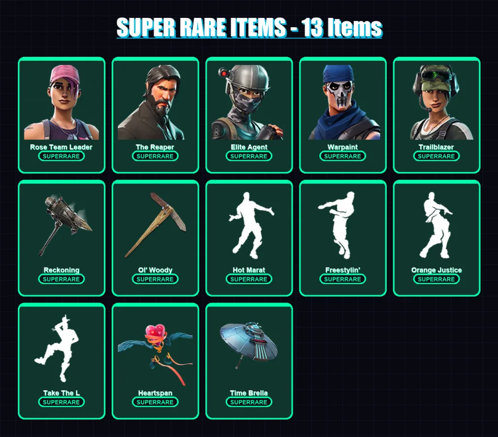 [PC/XBOX/PSN] | Rose Team Leader | The Reaper | Elite Agent | Warpaint | Trailblazer | 69 skin | 89 pickaxe | 90 emote | 89 glider | Lv1008