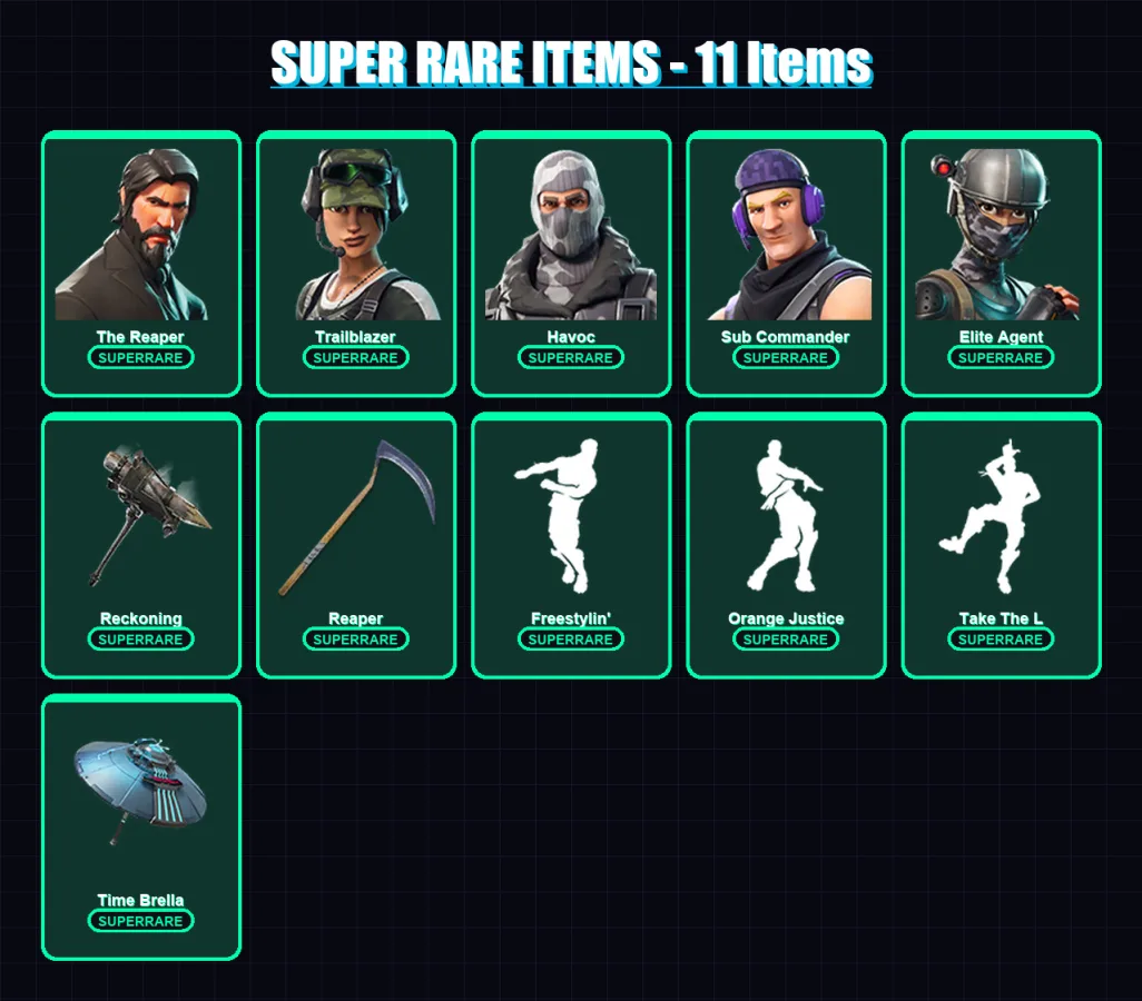[PC/XBOX/PSN] | The Reaper | Trailblazer | Havoc | Sub Commander | Elite Agent | 63 skin | 37 pickaxe | 46 emote | 44 glider | Lv596