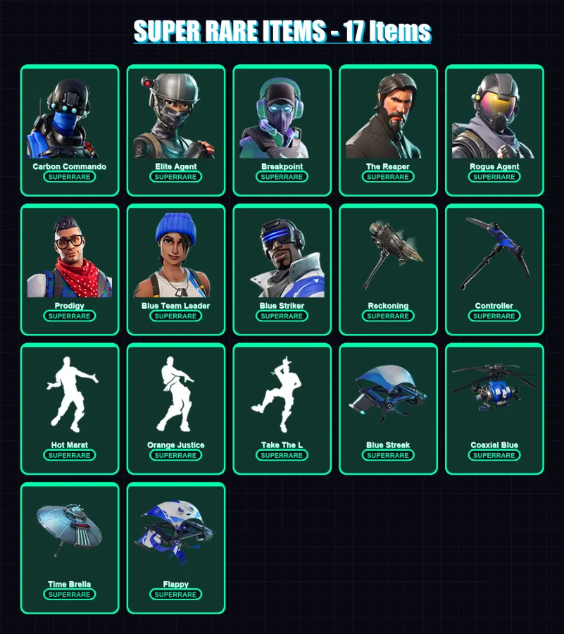 [PS4/PS5/XBOX/PC] | Carbon Commando | Elite Agent | Breakpoint | The Reaper | Rogue Agent | 91 skin | 92 pickaxe | 89 emote | 102 glider | Lv1208