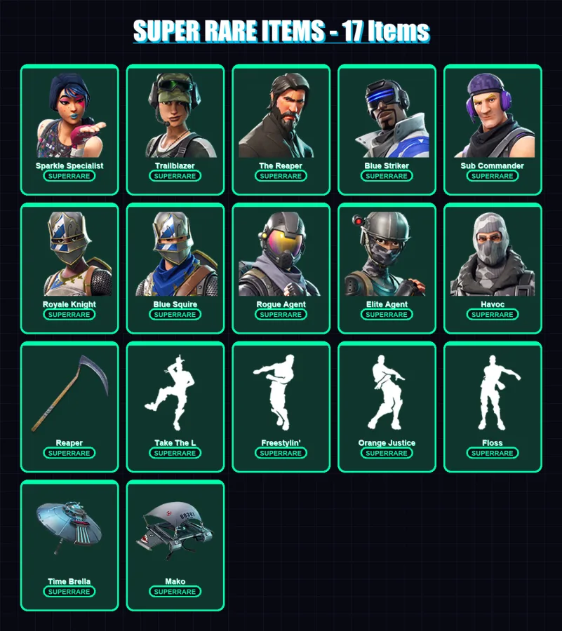 [PC/XBOX/PSN] | Sparkle Specialist | Trailblazer | The Reaper | Blue Striker | Sub Commander | 31 skin | 22 pickaxe | 32 emote | 29 glider | Lv483