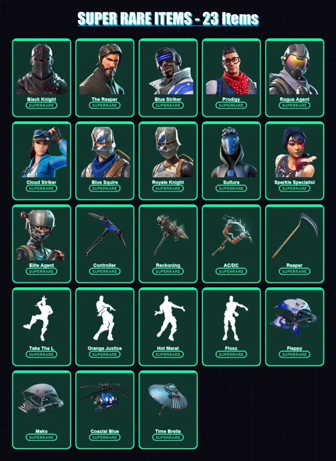 [PS4/PS5/XBOX/PC] | Black Knight | The Reaper | Blue Striker | Prodigy | Rogue Agent | 84 skin | 100 pickaxe | 101 emote | 97 glider | Lv1858