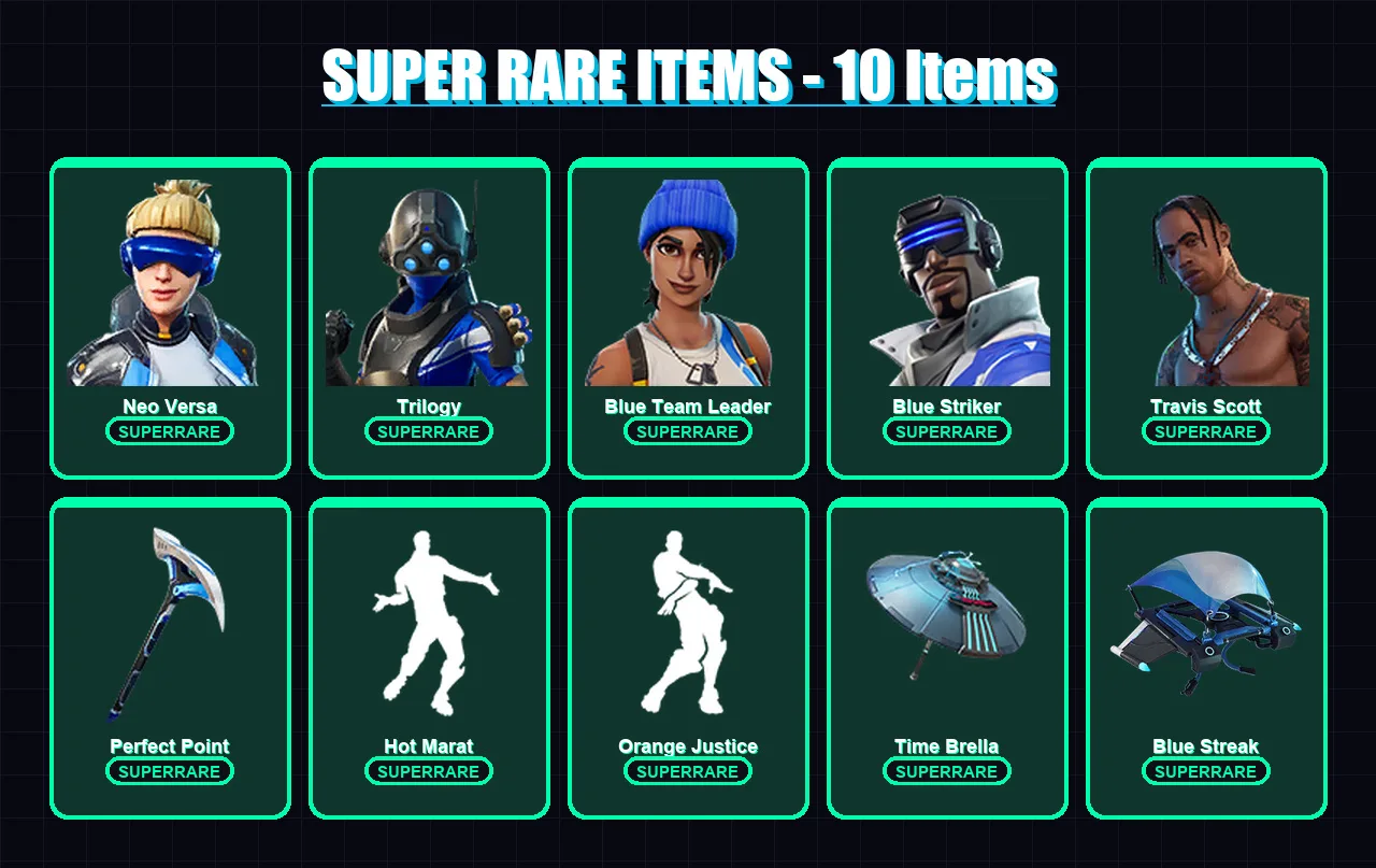 [PS4/PS5/XBOX/PC] | Neo Versa | Trilogy | Blue Team Leader | Blue Striker | Travis Scott | 14 skin | 36 pickaxe | 37 emote | 53 glider | Lv837 — Fortnite account