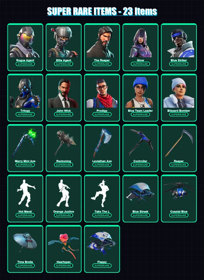 [PC/XBOX] | Rogue Agent | Elite Agent | The Reaper | Glow | Blue Striker | 130 skin | 128 pickaxe | 123 emote | 128 glider | Lv1890